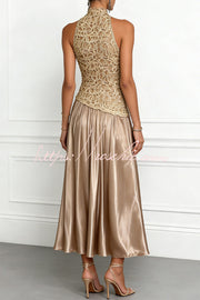 Lace Satin Sleeveless Maxi Dress – Crew Neck A-Line