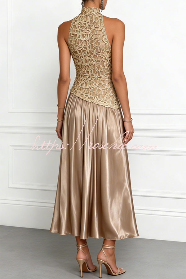 Robe longue sans manches en satin et dentelle – Col rond A-Line