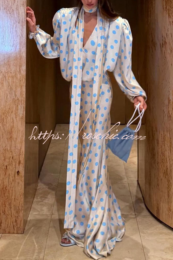 Satin Colorblock Polka Dot High Rise Flare Maxi Skirt