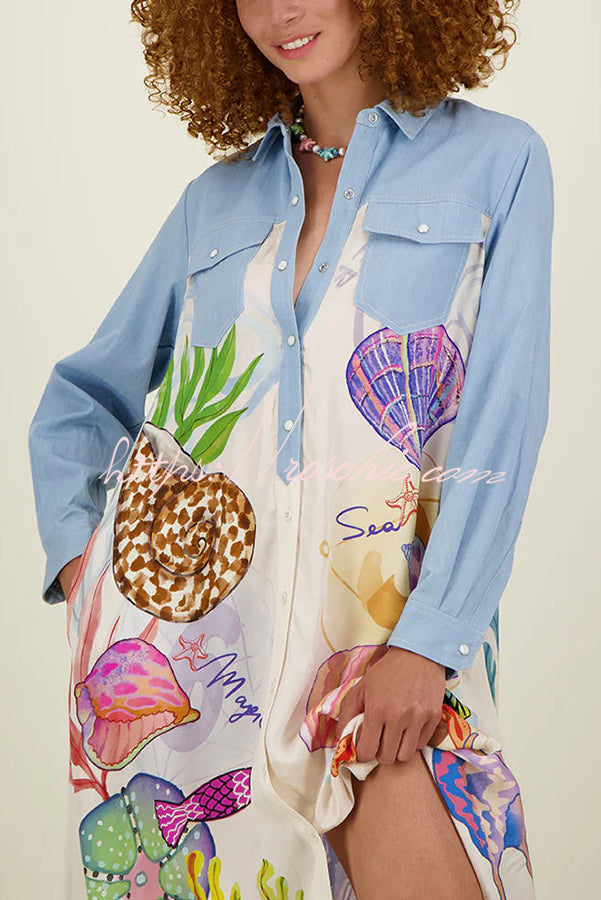 Manteau chemise maxi patchwork imprimé marin avec poches