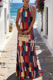 Linen Blend Color Block Plaid Sleeveless Maxi Dress
