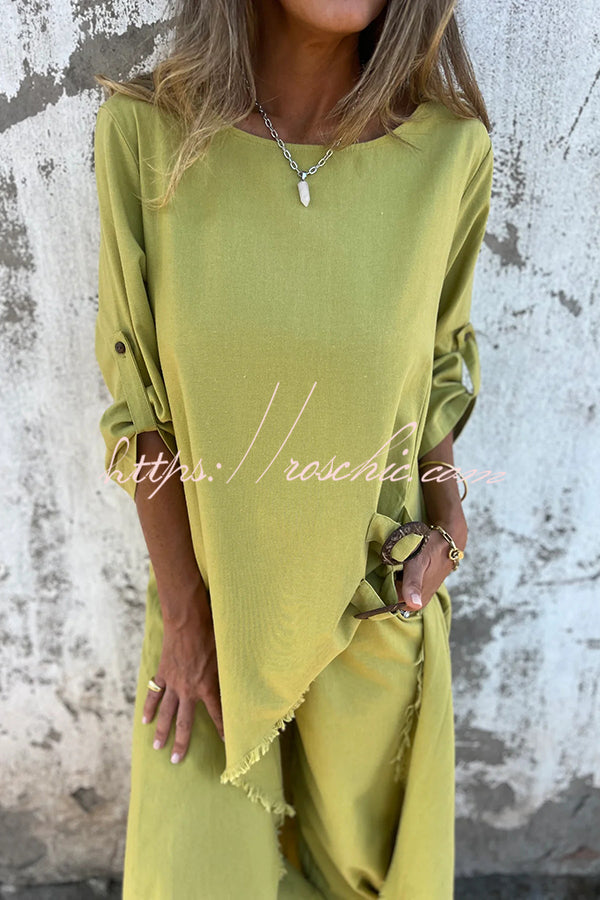 Linen Blend Midi Blouse and Wide-Leg Pants Set