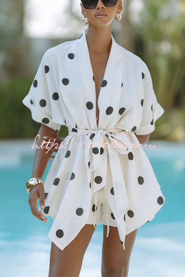 Linen Blend Polka Dot Kimono Top & Shorts Set