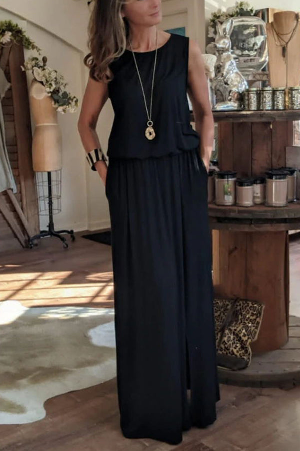 Loose Fit Sleeveless Maxi Dress with Side Slit