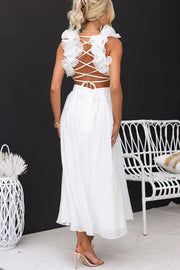 Floral Chiffon Ruffle Maxi Dress with Lace-Up Back