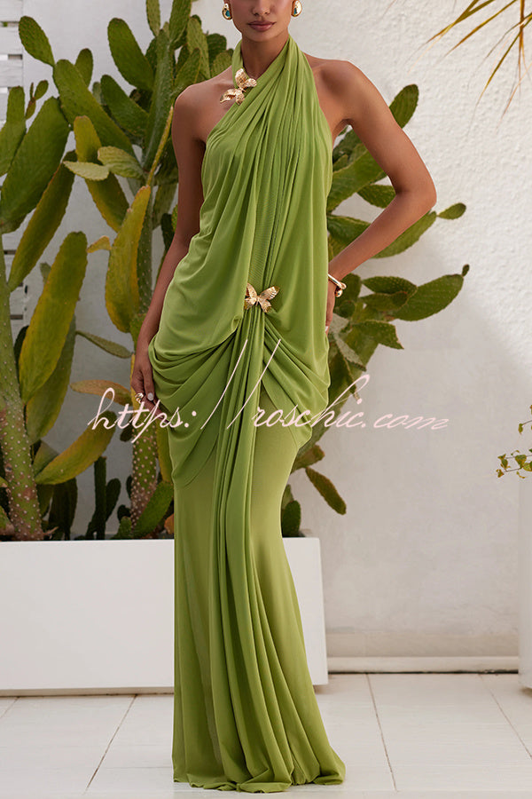 One Shoulder Mesh Maxi Dress with Butterfly Metal Clips