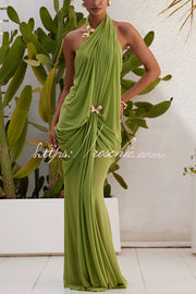 One Shoulder Mesh Maxi Dress with Butterfly Metal Clips
