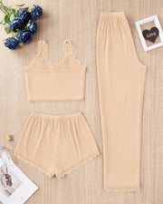 Lace Trim Knit Camisole Pajama Set – 3-Piece, 3 Colors