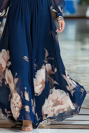 Floral Print Mesh Maxi Dress | V-Neck Long Sleeve