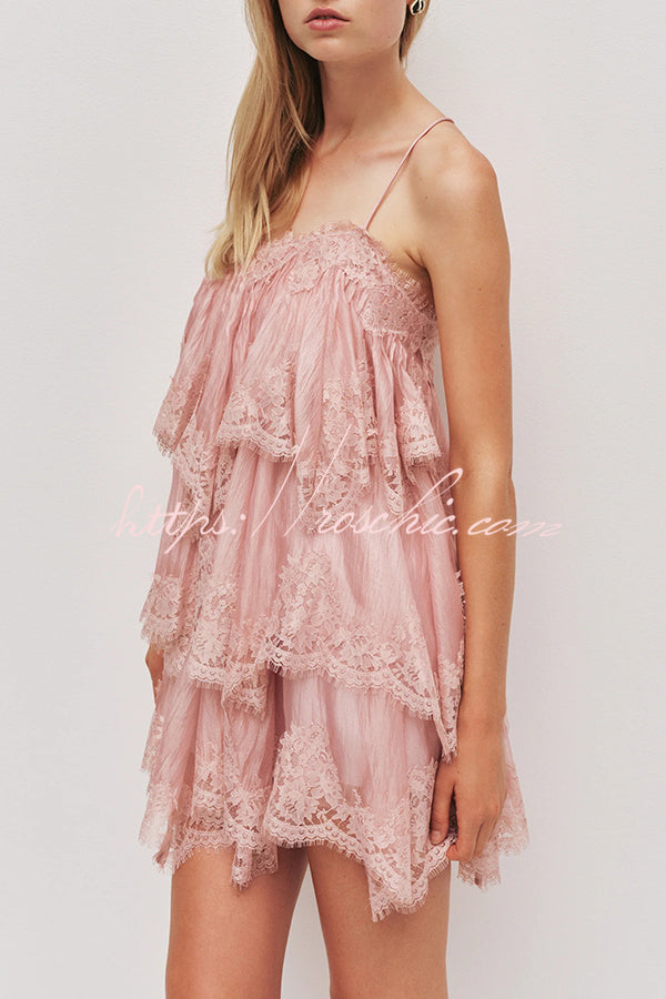 Layered Lace Trim Chiffon Backless Mini Dress with Adjustable Straps