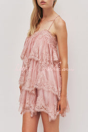Layered Lace Trim Chiffon Backless Mini Dress with Adjustable Straps