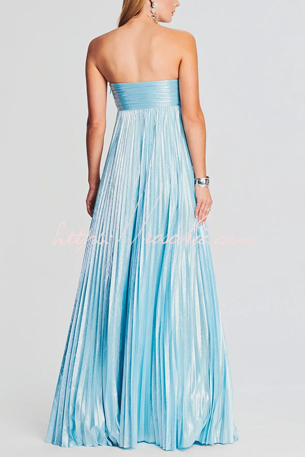 Metallic Pleated Off-Shoulder High Slit Maxi Dress