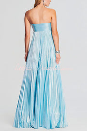 Metallic Pleated Off-Shoulder High Slit Maxi Dress