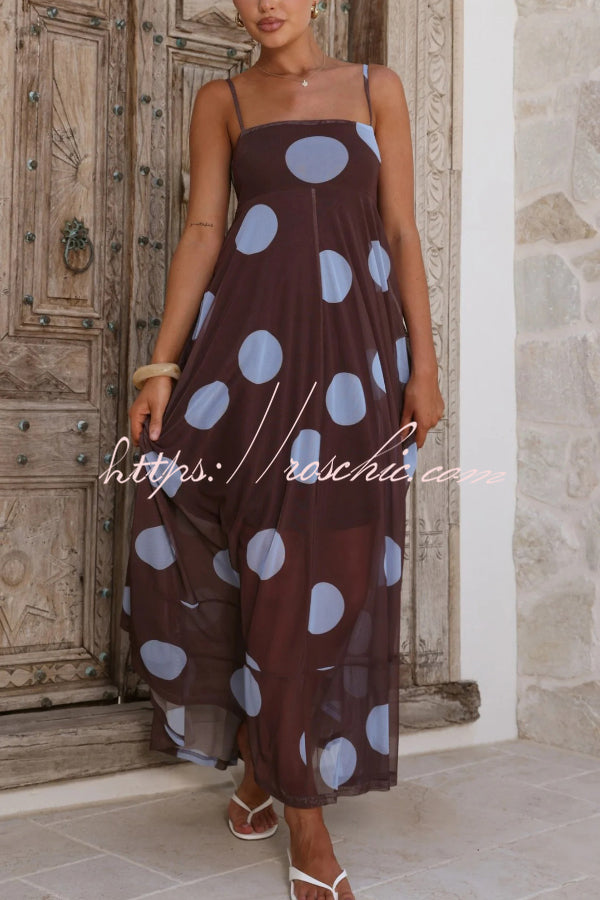 Polka Dot Mesh Maxi Dress | Spaghetti Strap Square Neck