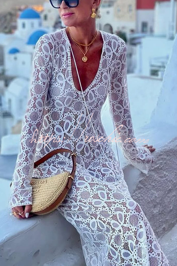 Floral Lace Long Sleeve Maxi Dress with Slit