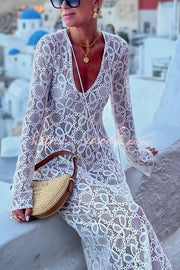 Floral Lace Long Sleeve Maxi Dress with Slit