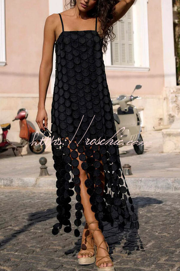 Embroidered Polka Dot Square Neck Tassel Hem Slip Maxi Dress