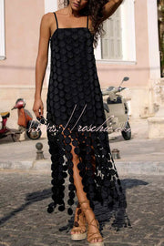 Embroidered Polka Dot Square Neck Tassel Hem Slip Maxi Dress
