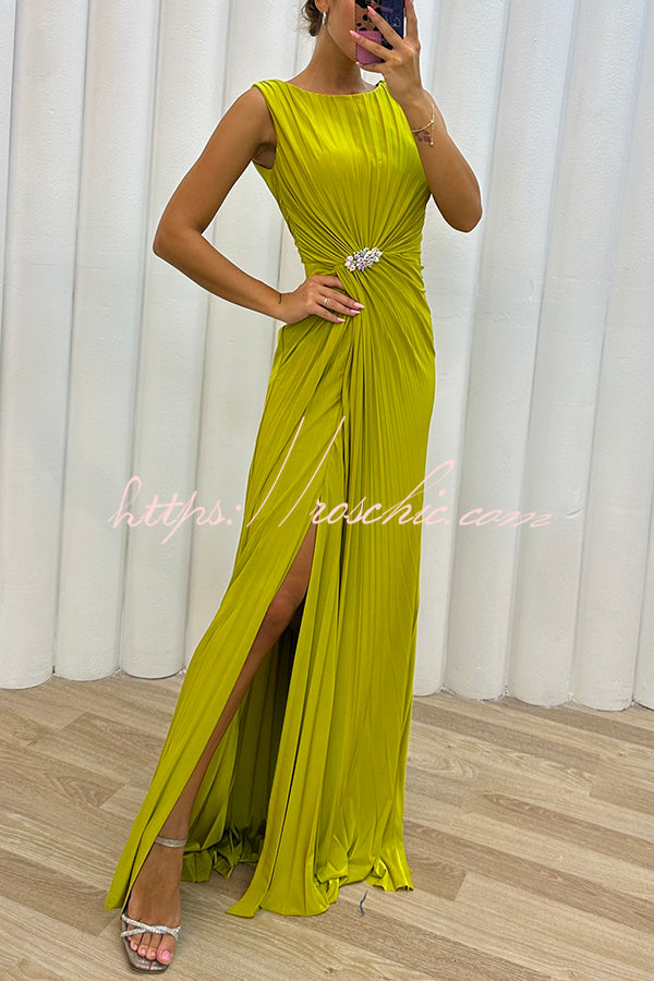 Pleated Embellished Slit Sleeveless Evening Maxi Dress