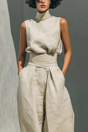 Linen Blend Turtleneck Top & Wide-Leg Pants Set