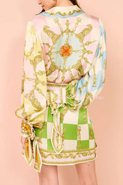 Satin Printed Tie-Up Wrap Mini Dress with Balloon Sleeves