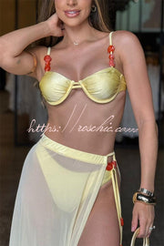 Colored Stone Detail Elastic Bikini & Tulle Lace-Up Maxi Skirt Set