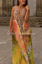 Robe longue ample bohème, col licou, sans manches, dos nu