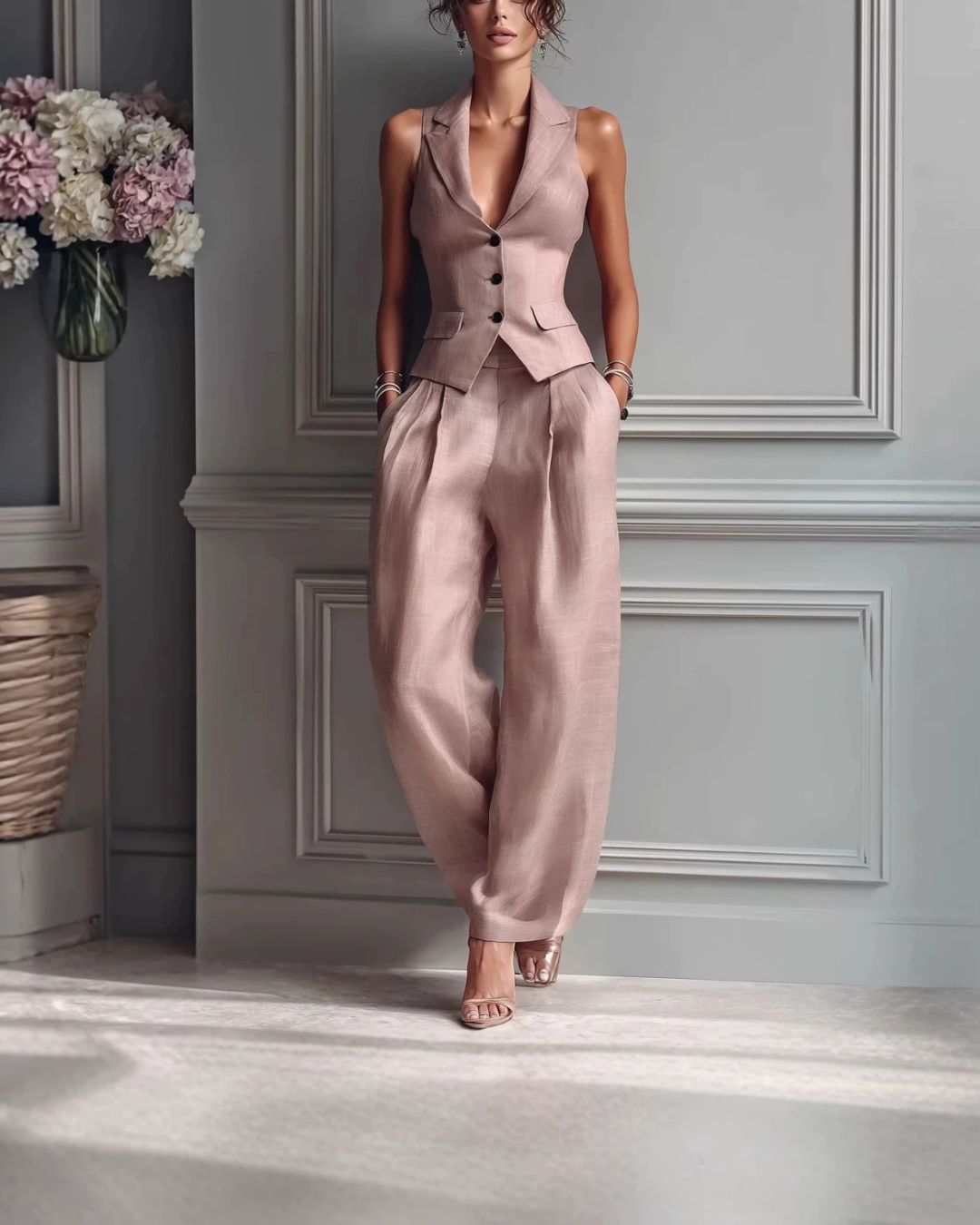 Tailored Waistcoat and Pleated Wide-Leg Pants Set