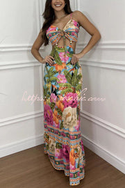 Tropical Print Maxi Dress - Lace-Up V Neck Vacation Dress