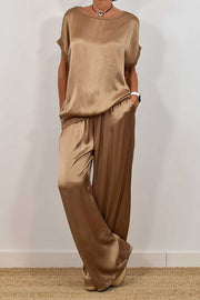 Satin Wide-Leg Pants Set with Short-Sleeve Top