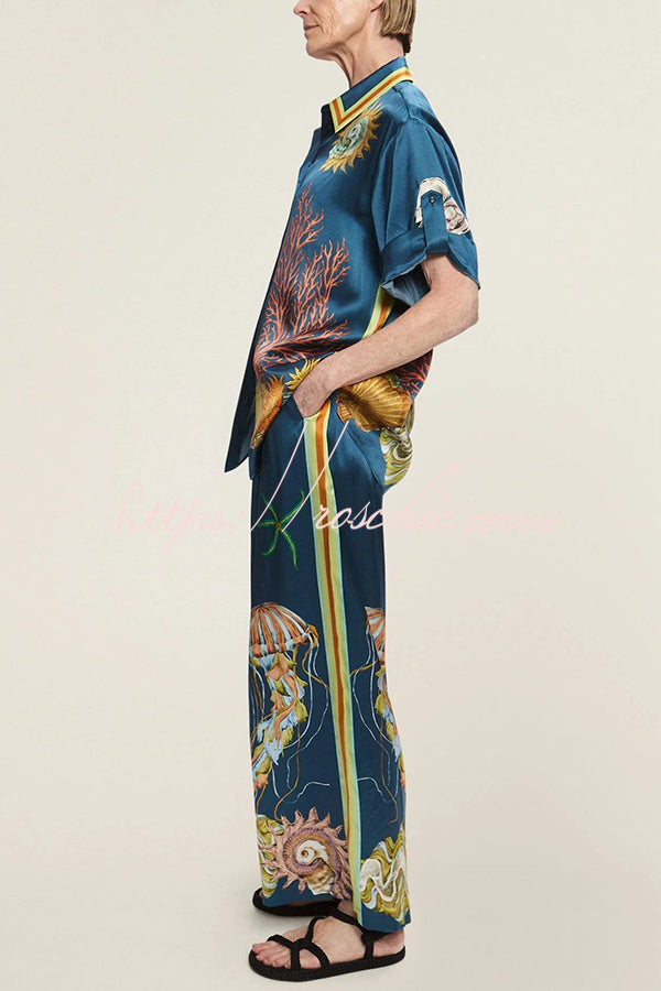 Linen Blend Printed Lapel Short Sleeve Shirt & Wide Leg Pants Set