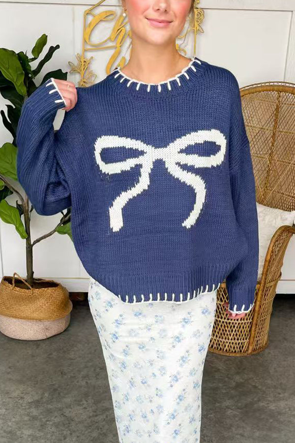 Pull en tricot avec nœud de Noël – Manches longues de couleur contrastée