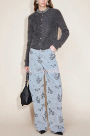 Beaded Sequin Floral Wide Leg Jeans Mid Rise with Pockets
