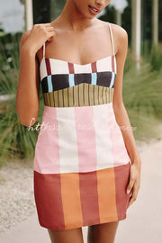 Linen Blend Color Block Mini Dress with Adjustable Straps