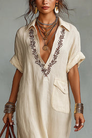 Linen Blend Embroidered Maxi Dress | V-Neck Loose Fit
