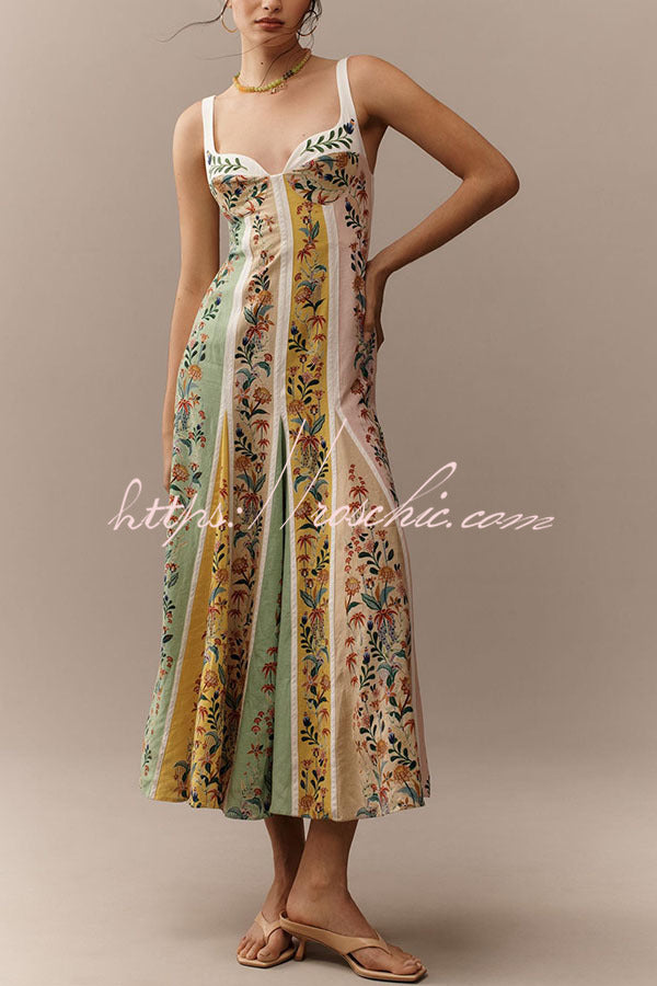 Linen Blend Color Block Floral Maxi Dress – Sweetheart Neck