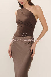 Satin One Shoulder Ruched Maxi Dress for Party