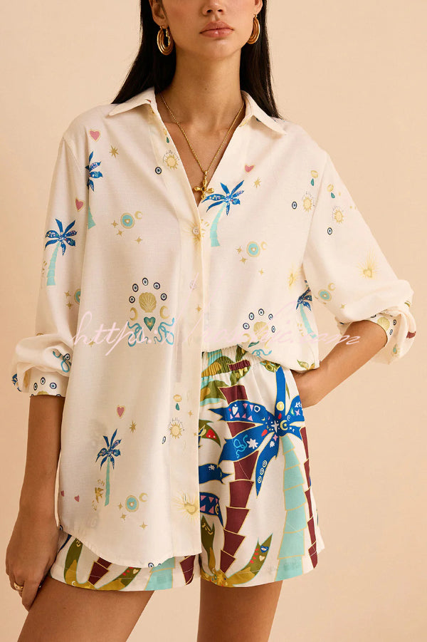 Linen Blend Printed Shirt & Elastic Waist Shorts Set