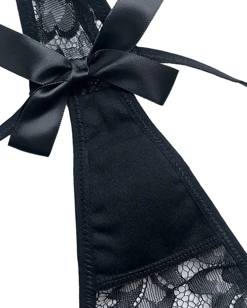 Eyelash Lace Floral Bow Thong Panties – Sheer Strappy