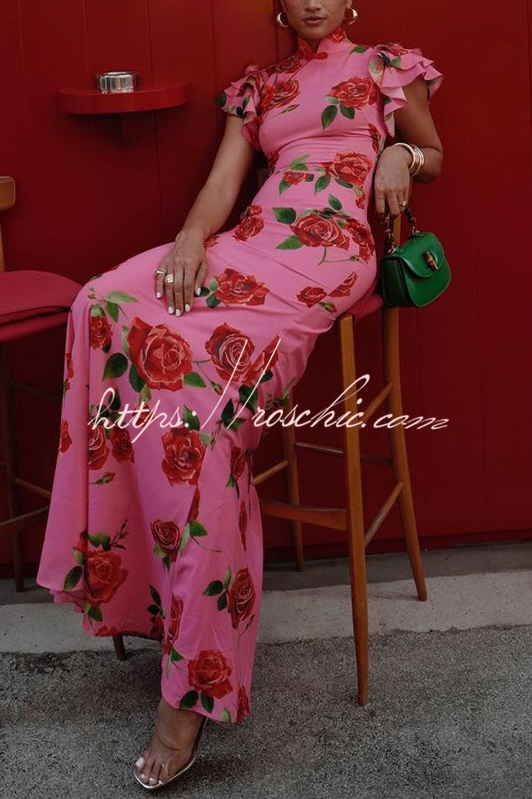 Rose Floral Print Cheongsam Maxi Dress with Tiered Sleeves
