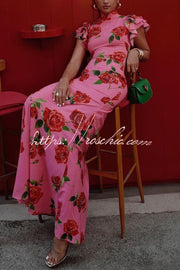 Rose Floral Print Cheongsam Maxi Dress with Tiered Sleeves