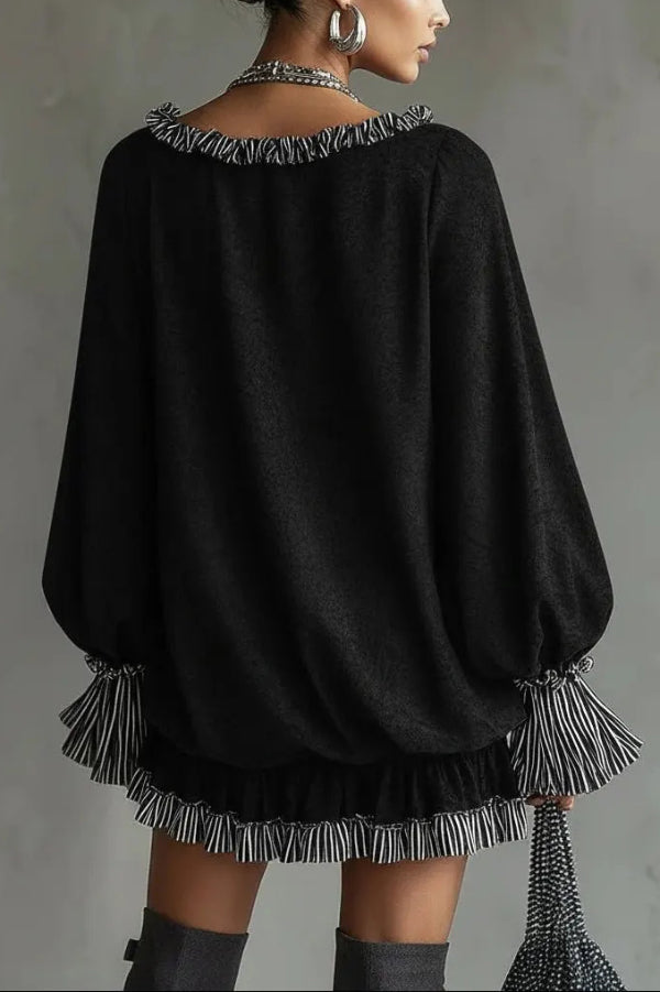 Patchwork Ruffle Mini Dress | Loose Long-Sleeve V-Neck