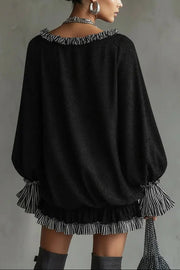 Patchwork Ruffle Mini Dress | Loose Long-Sleeve V-Neck