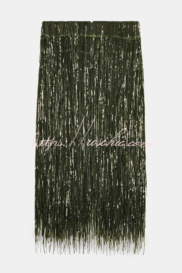 Sequin Tassel Midi Skirt – High-Rise Back Zipper Party Skirt