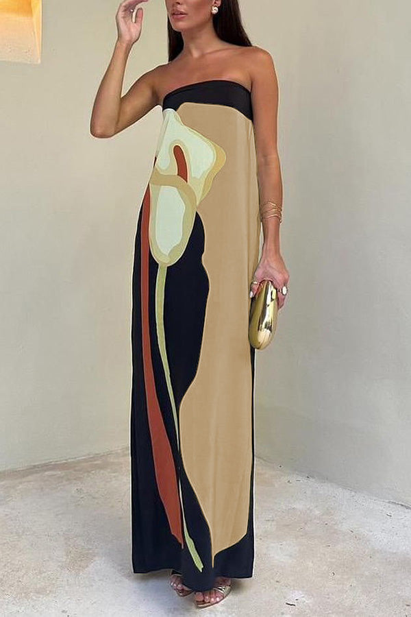 Abstract Floral Off Shoulder Maxi Dress – Vacation Loose Fit