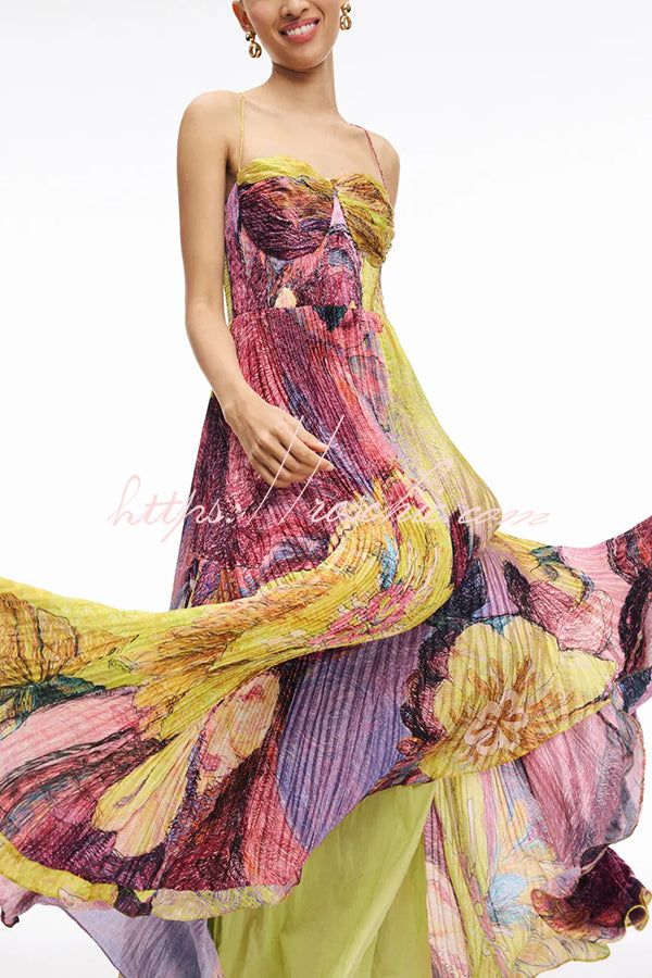 Floral Print Sweetheart Neck Sleeveless Pleated Maxi Dress