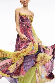 Floral Print Sweetheart Neck Sleeveless Pleated Maxi Dress