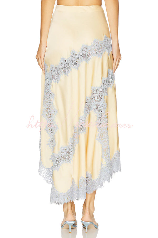 Satin Lace Trim High-Waist Midi Skirt with Irregular Hem