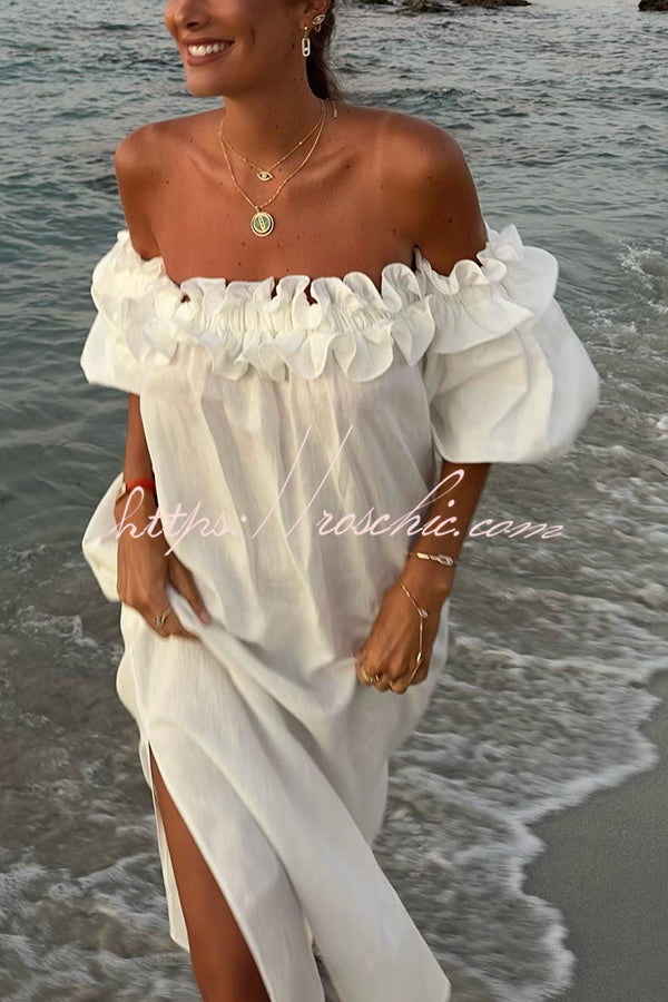 Linen Blend Off Shoulder Midi Dress with Pockets