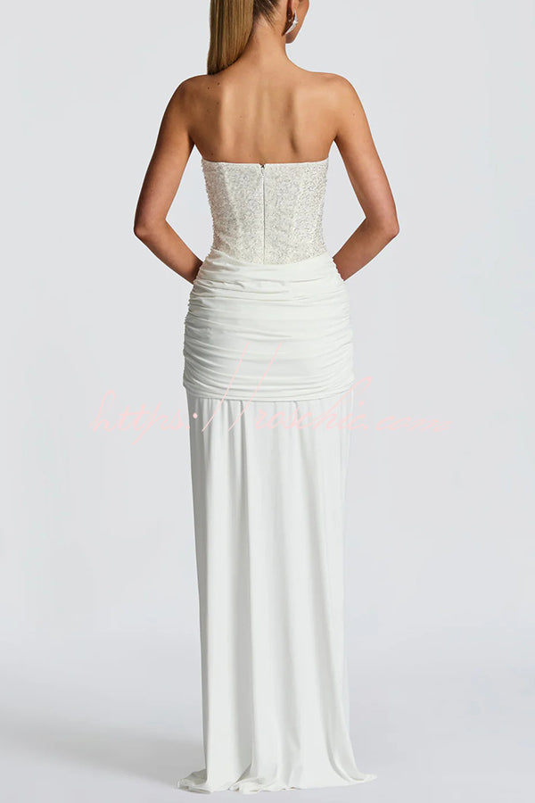 Sequined Satin Jersey Off-Shoulder Ruched Maxi Dress